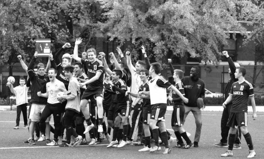 The Boys Varsity Soccer team celebrates its regional victory.