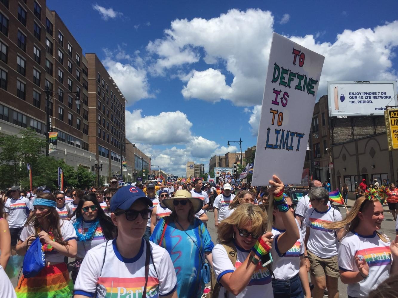 Sophomores+Senna+Gardener+and+Abri+Berg%2C+fourth+grade+teacher+Miriam+Pickus%2C+upper+school+math+teacher+Chris+Riff%2C+and+other+members+of+the+Parker+community+march+in+the+Chicago+Pride+Parade.