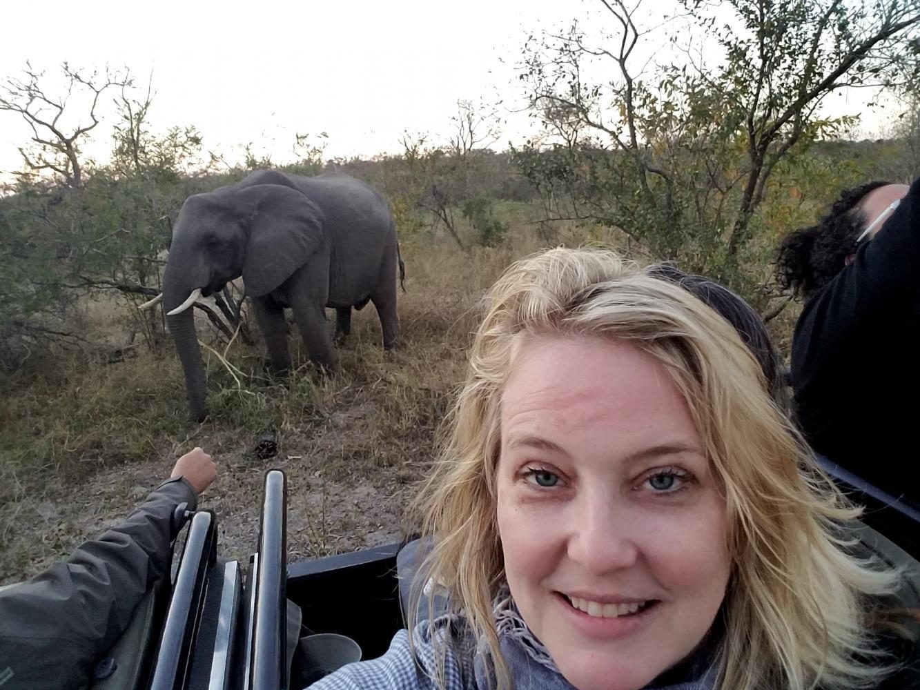 Barr poses for a selife on safari in South Africa.