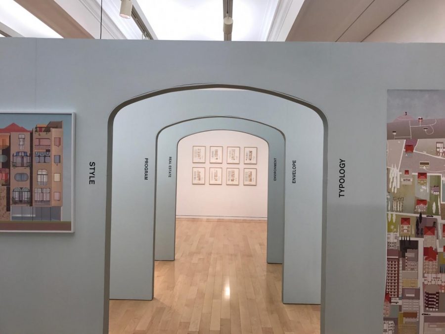 An installation on view at CAB exploring the architecture style of Art Deco buildings.