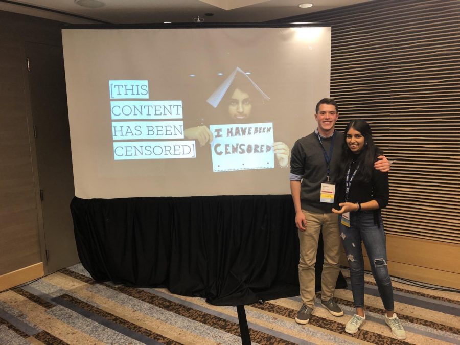 Senior Sammy Kagan (left) and junior Avani Kalra (right) pose after presenting at the NSPA/JEA High School Journalism Convention about their experiences with censorship and advice to students at other schools. 