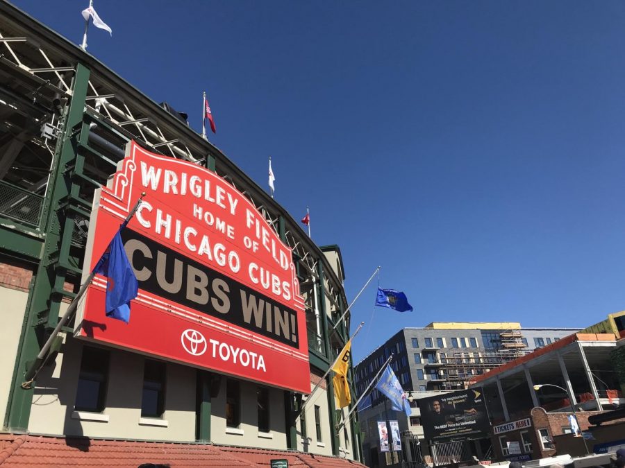 Wrigley’s famous marquee displays a game’s outcome after the Cubs defeat the Milwaukee Brewers 3-0. Photo by Celia Rattner. 