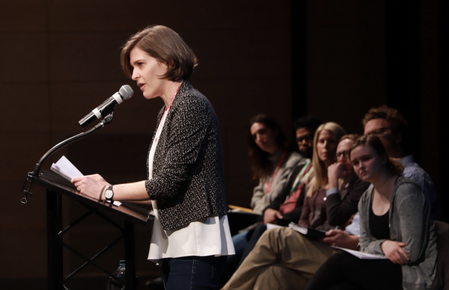 At Morning Ex, the five poets came together to present to the greater Parker community. Callie Siskel ‘04 helped to guide the assembly. Photo courtesy of Francis W. Parker School.