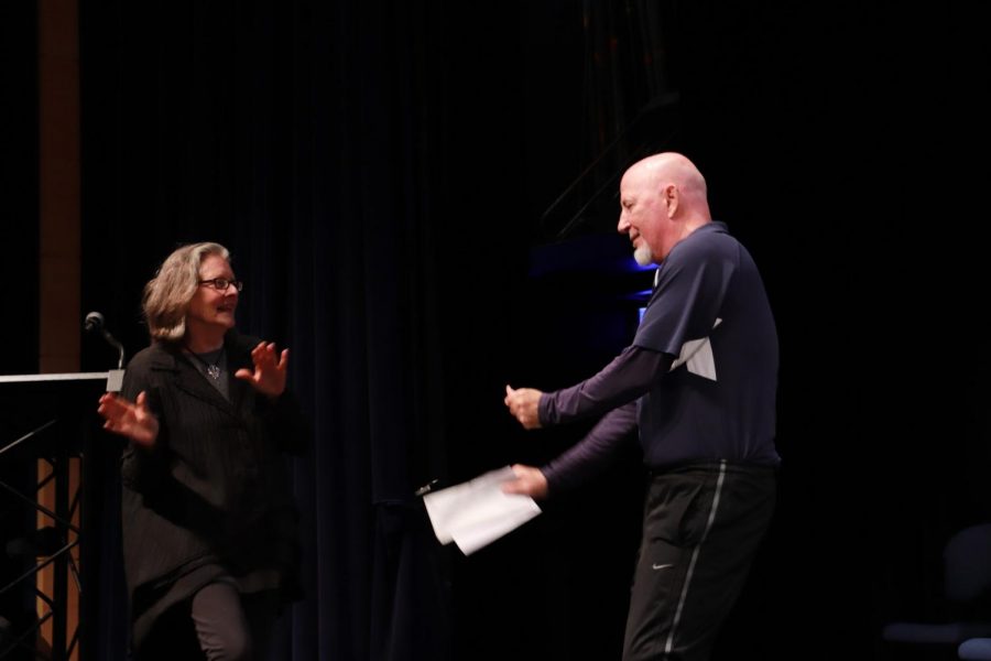 Seebold and McHale dance together on stage at the Retirement Morning Ex.