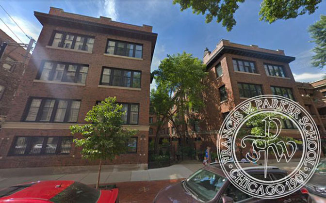 327 West Belden Avenue and Francis W. Parker School crest (Credit: Google Maps and Facebook)