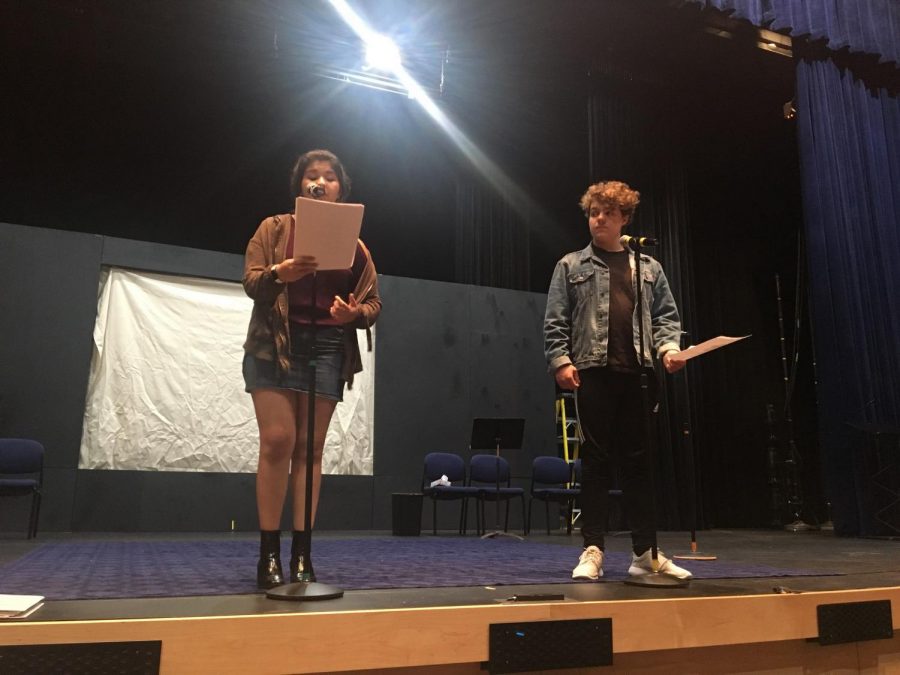 Isabella Gomez-Barrientos and Will Ehrlich practicing lines during rehearsal. 

