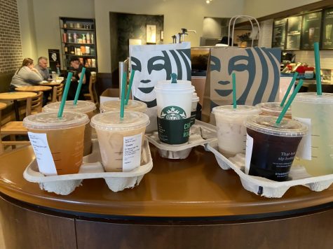The Starbucks drinks that twelve upper school students mobile ordered to have picked up and brought back to school for them by two generous students.
