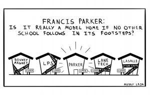 Francis Parker: Is it really a Model Home if no other school follows in its footsteps? Comic by Maddy Leja.