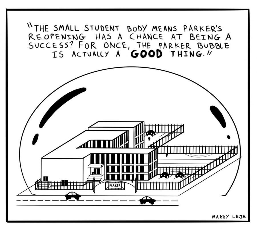 "The small student body means Parker's reopening has a chance at being a success? For once, the Parker bubble is actually a GOOD thing." Comic by Maddy Leja.