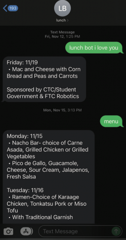 The Computer Technology Committee Lunchbot replies to a students’ text. 