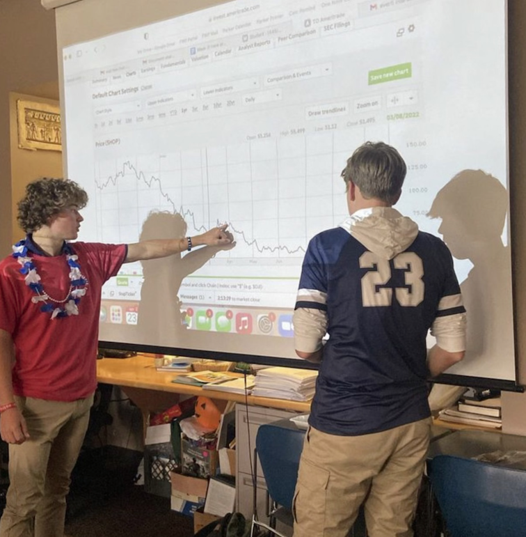 Henry Weil and Max Keller analyze data in Investment Club.