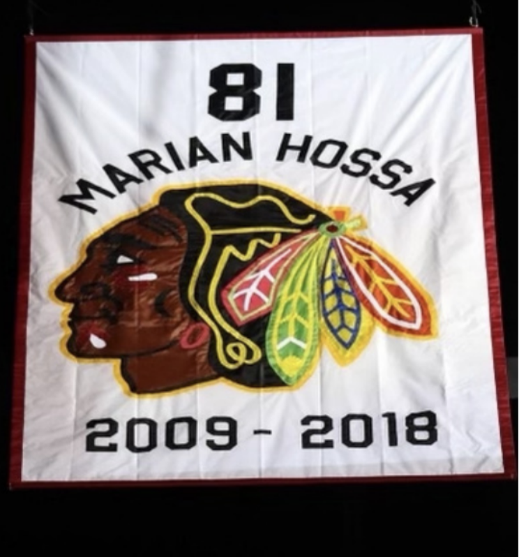 Marian Hossa’s number and flag. Photo from the Chicago Blackhawks Instagram Page