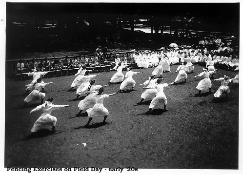 Photo from the Parker Archives: Fencing Exercises on Field Day -- early 20s