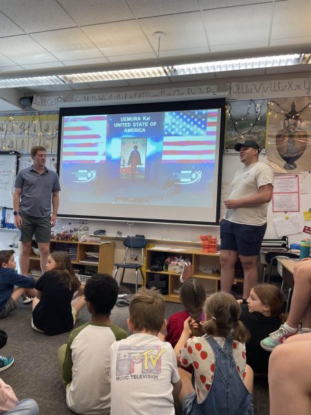 Seniors Benjamin Kagan and Sam Forst present their May Term project to 4th Grade students.