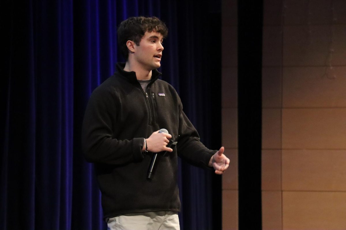 Jackson Antonow gives presenation to Upper School at reorientation day
